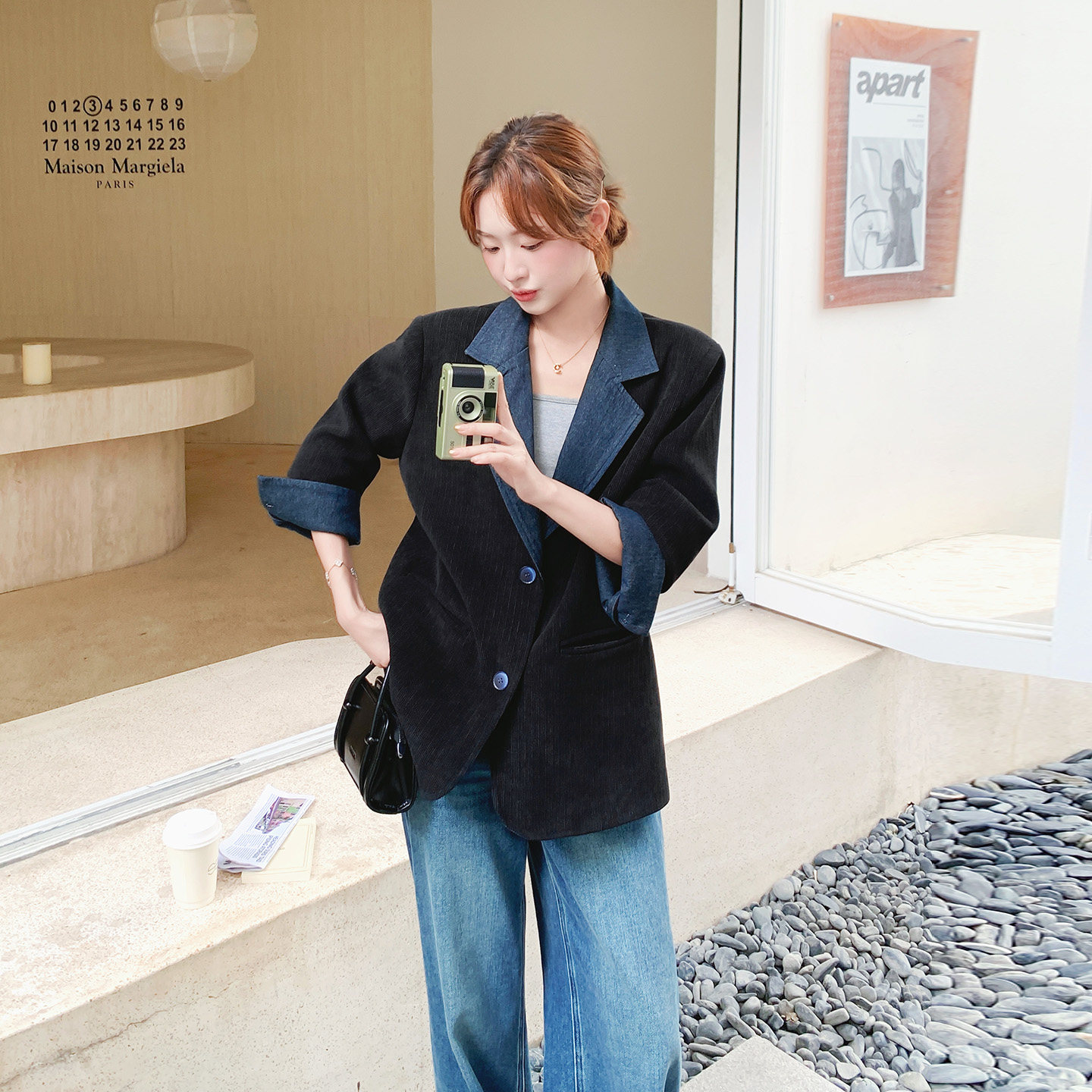 黑色牛仔拼接西装外套女秋季A飒