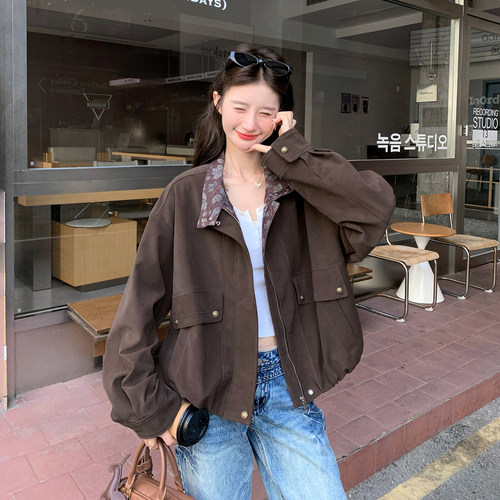 咖色小个子复古穿搭印花拼接外套女2026秋新款设计感小众立领夹克