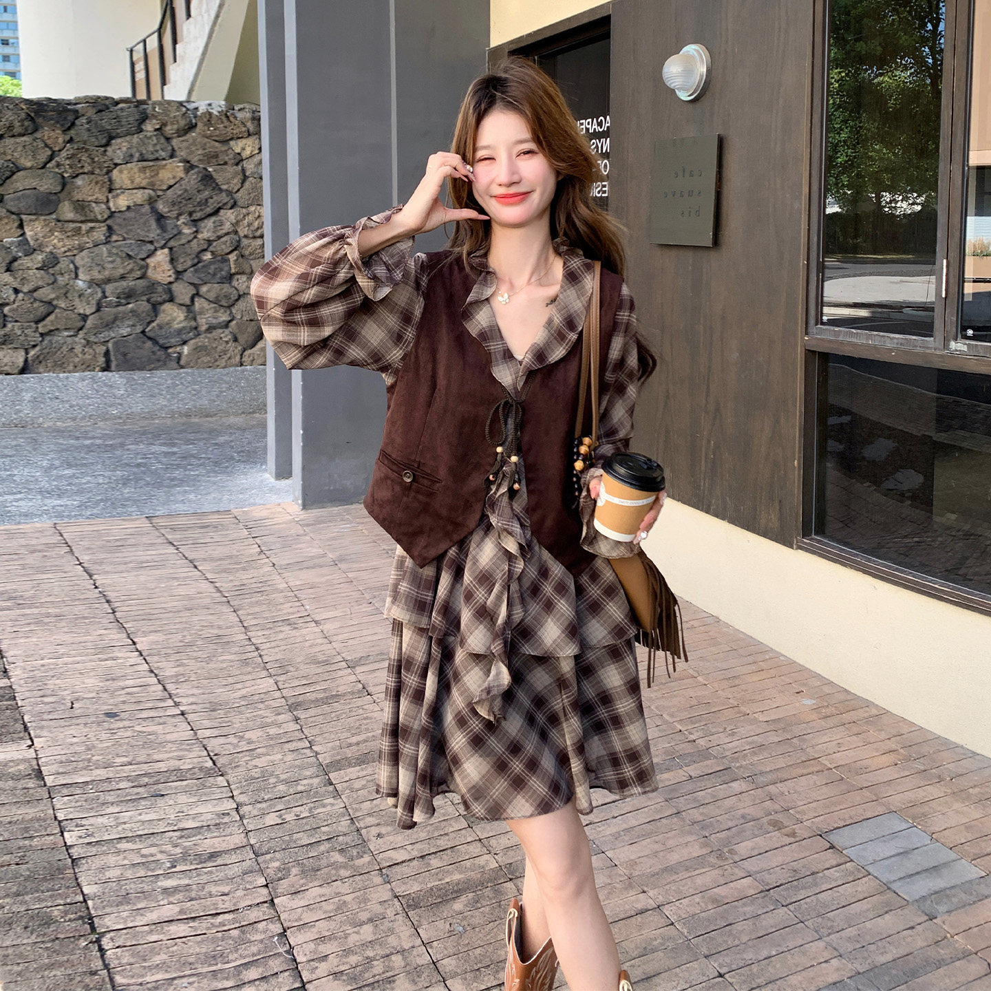 复古格纹马甲连衣裙套装女秋