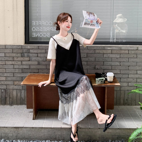 黑色蕾丝拼接假两件连衣裙女