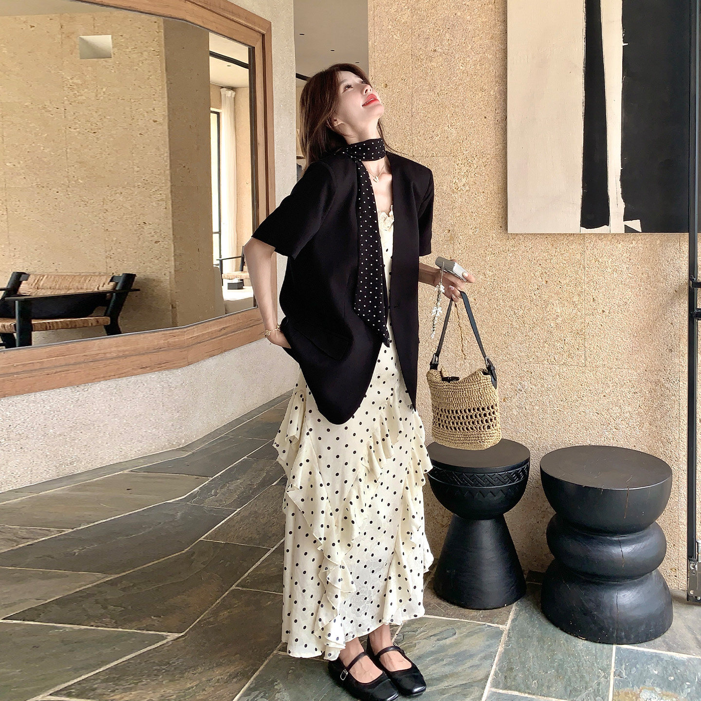 韩版轻熟御姐风波点吊带连衣裙套装女西装外套两件套2026夏日新款