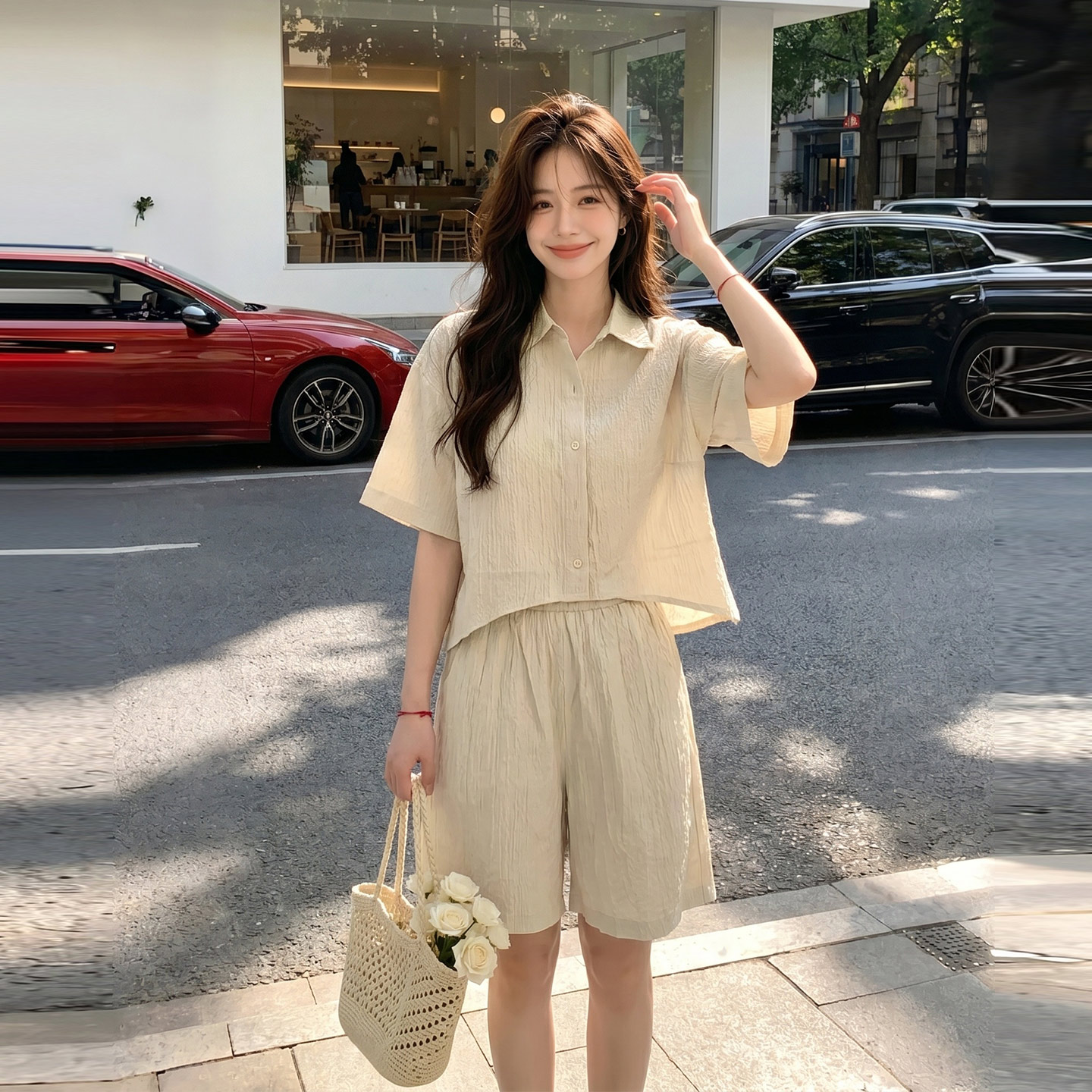 韩系文艺清新肌理感套装女2026夏新款休闲风不规则衬衫短裤两件套