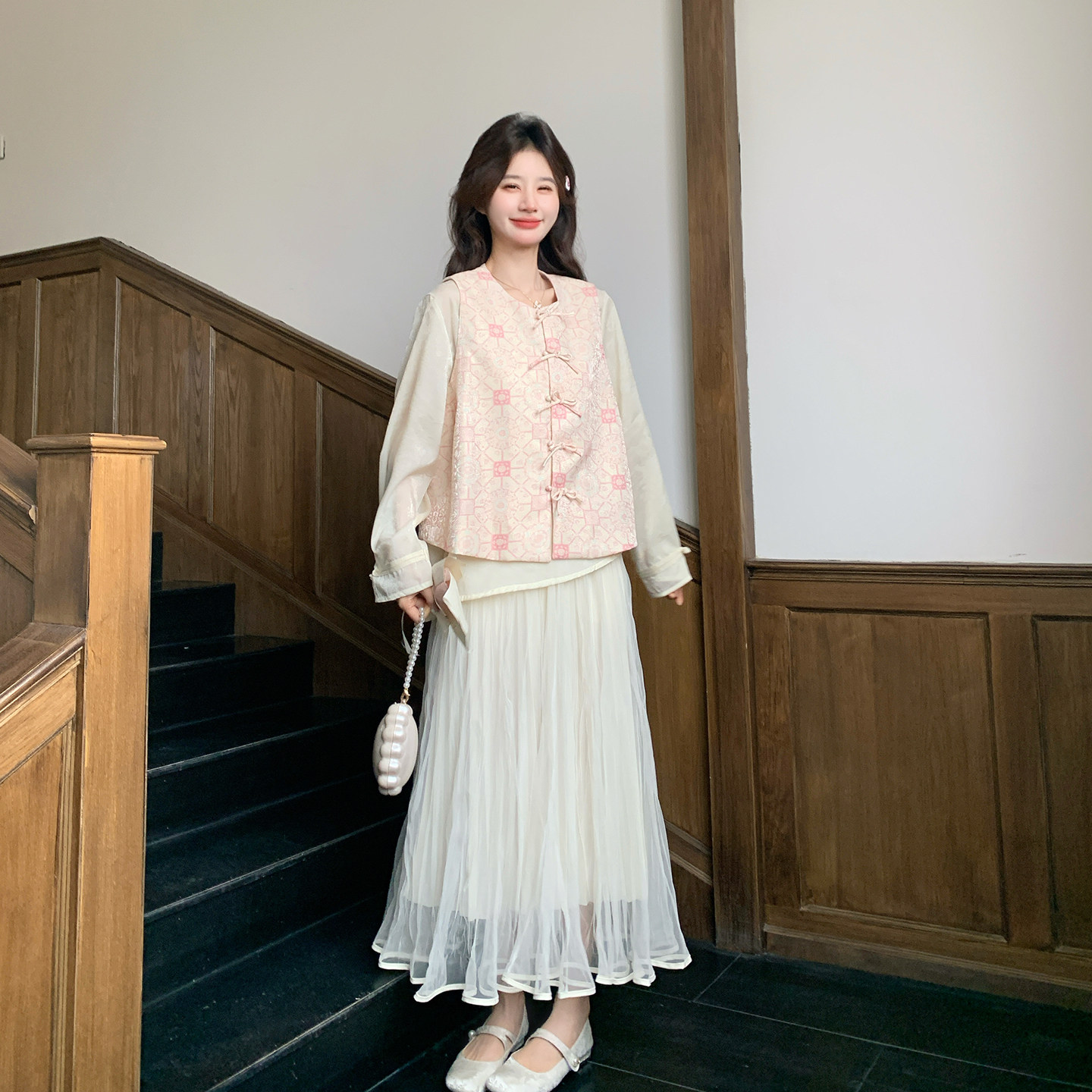 新中式碎花网纱裙显瘦三件套