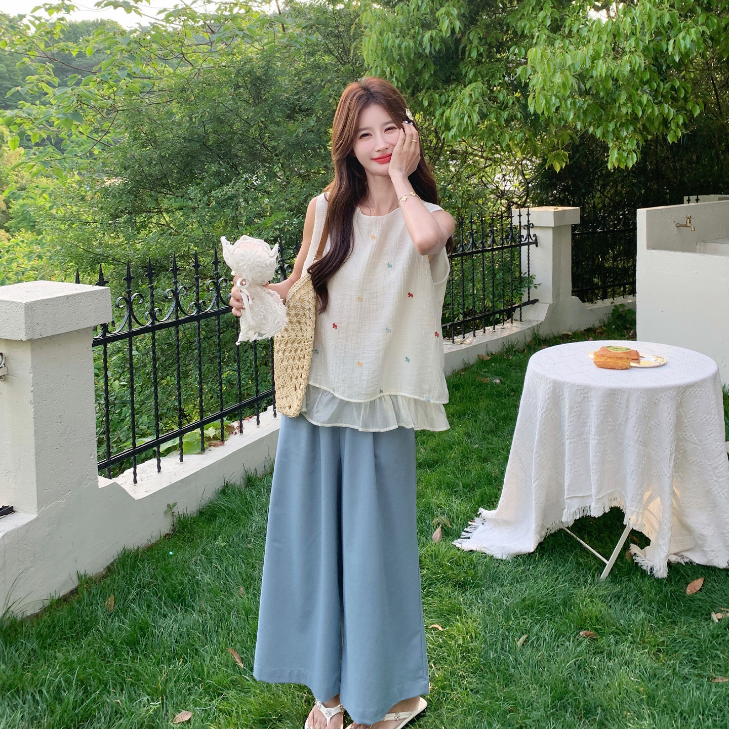 夏季女高级感无袖阔腿裤两件套