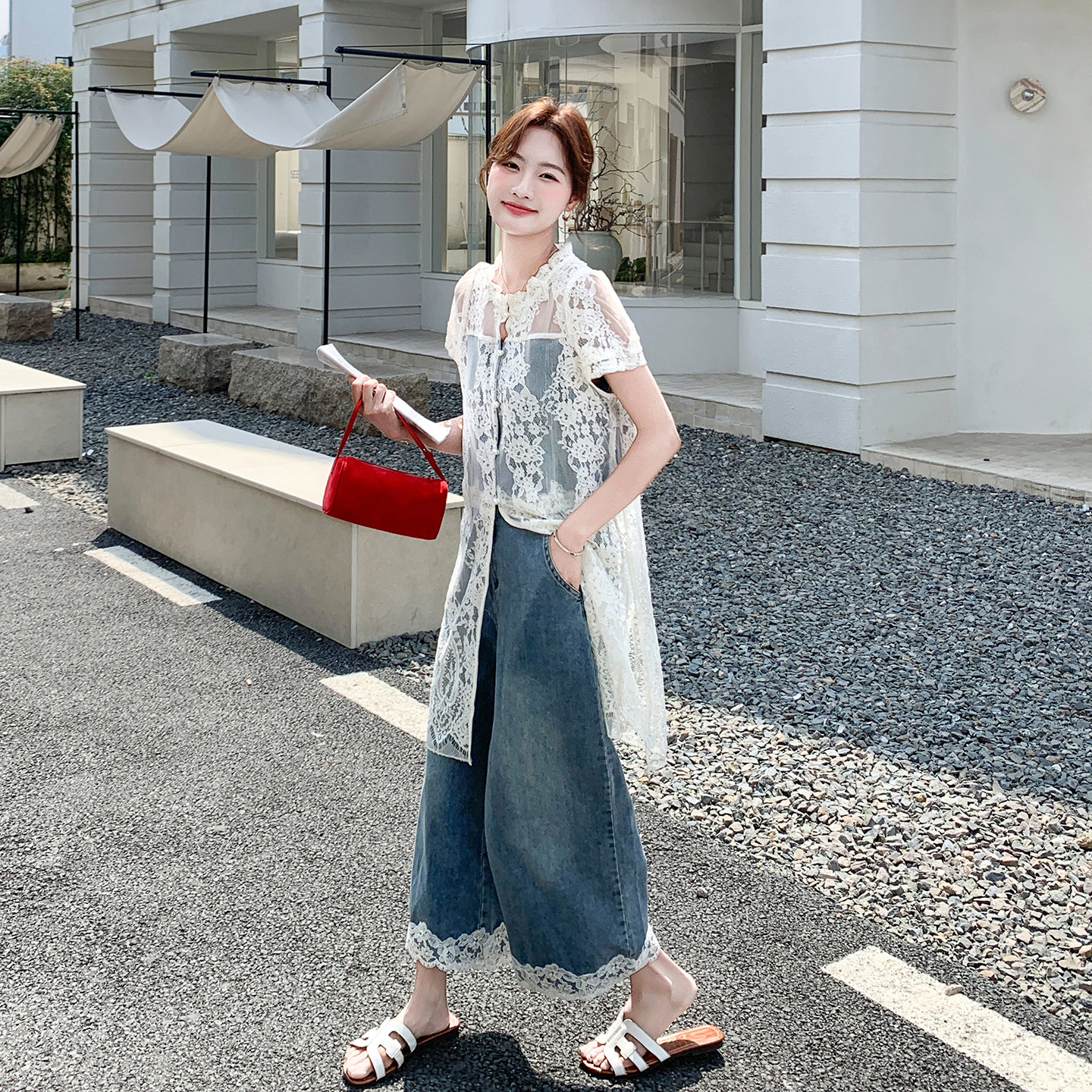 夏日港风名媛复古感套装女2026新款蕾丝提花罩衫牛仔阔腿裤两件套