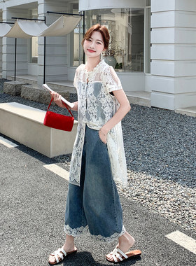 夏日港风名媛复古感套装女2026新款蕾丝提花罩衫牛仔阔腿裤两件套