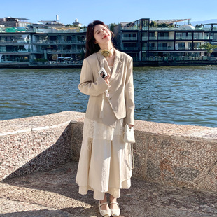 法式高级感飘带西服连衣裙套装女2026春新款蕾丝拼接吊带裙两件套