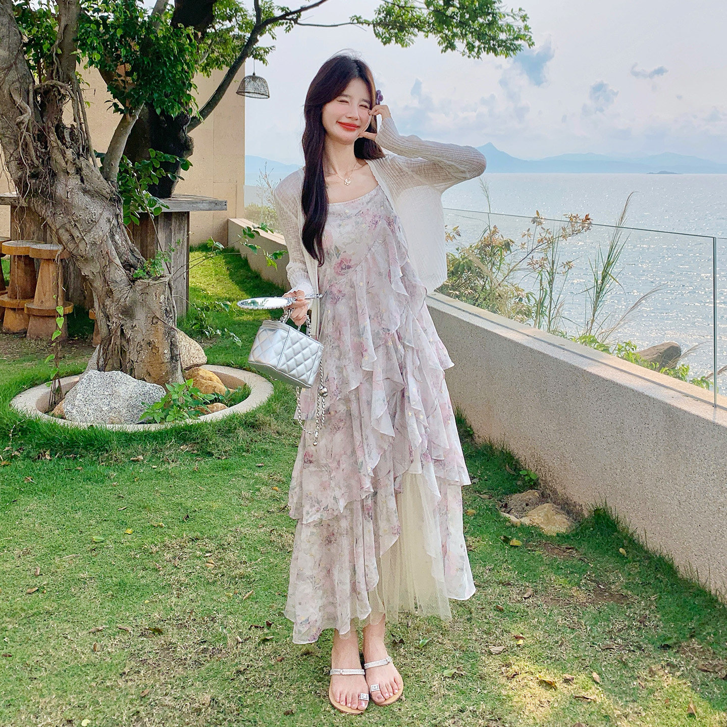 法式绝美荷叶边拼接碎花吊带连衣裙套装女2026新款针织开衫两件套