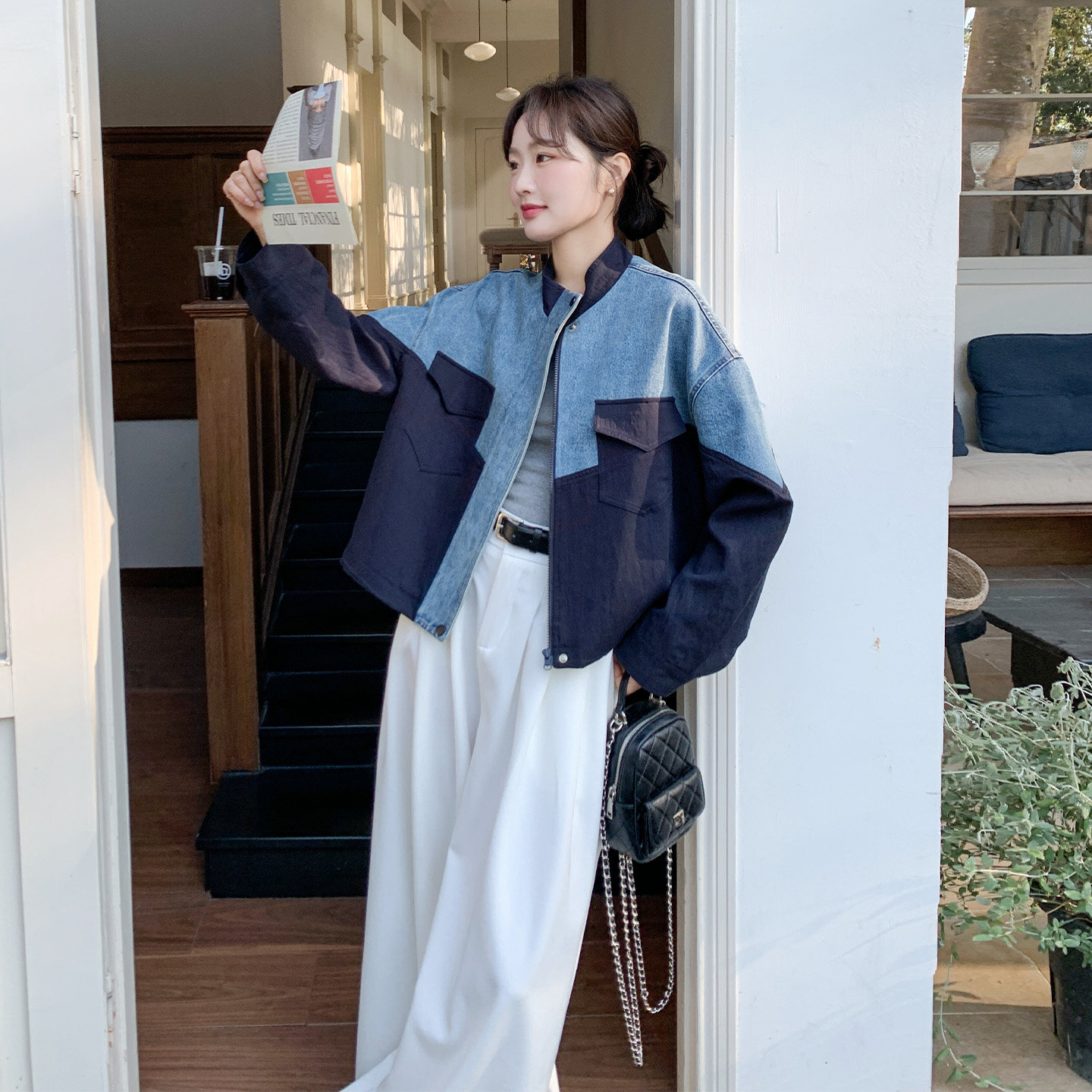 撞色拼接牛仔短外套女小个子