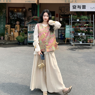 新中式国风叠穿印花马甲套装女春天2026新款设计感马夹衬衫两件套