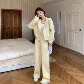 两件套 韩系减龄连帽卫衣阔腿裤 浅黄色设计感烫钻套装 女2026春新款