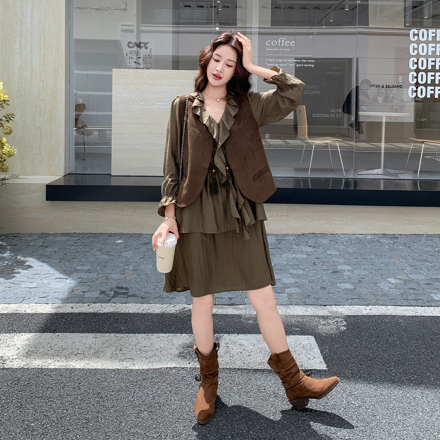 秋季复古麂皮马甲连衣裙两件套