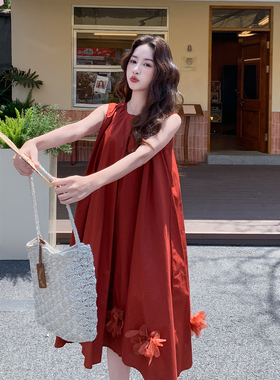 红色法式气质浪漫风背心连衣裙女2026初夏新款立体网纱花朵A字裙