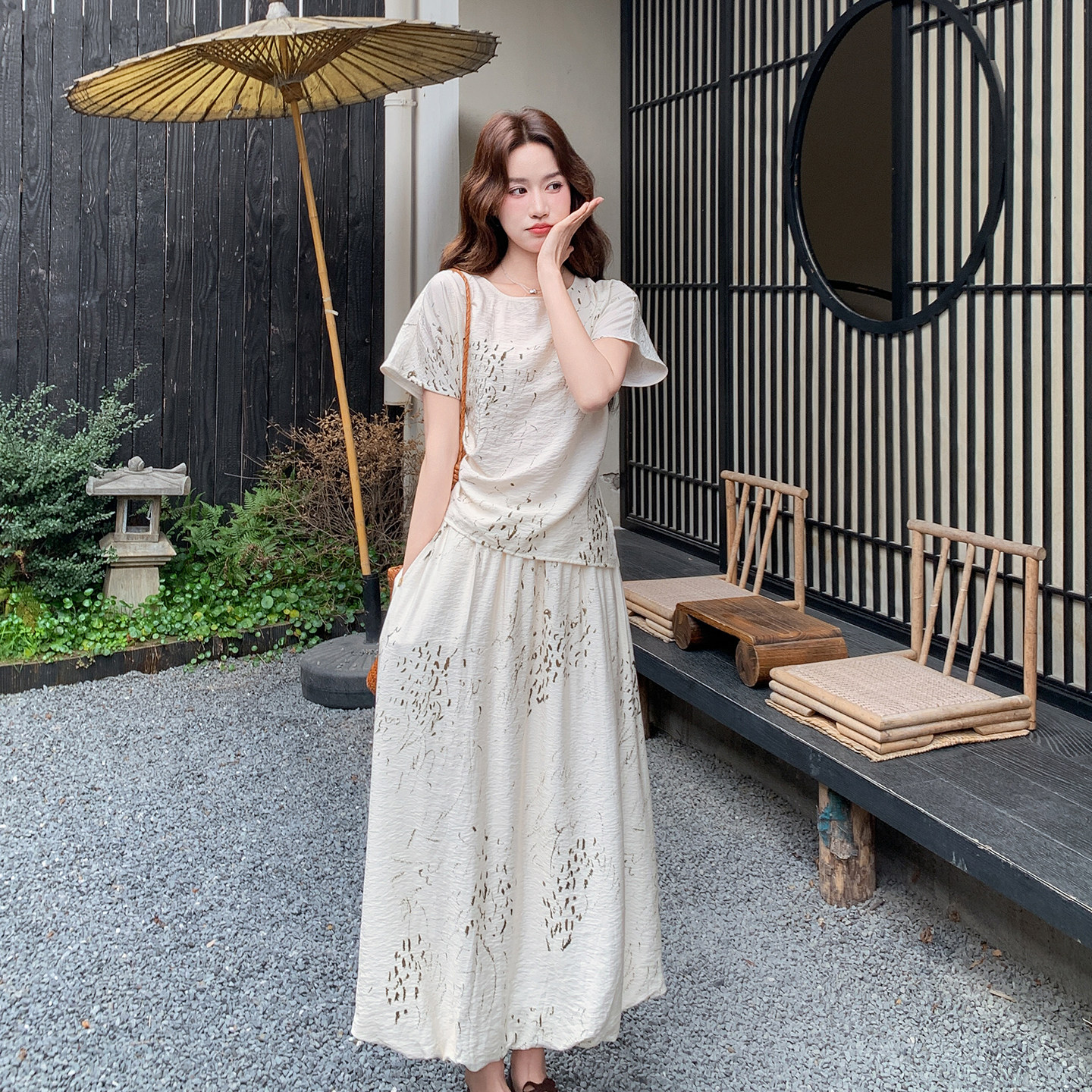 2026夏季水墨印花短袖两件套裙