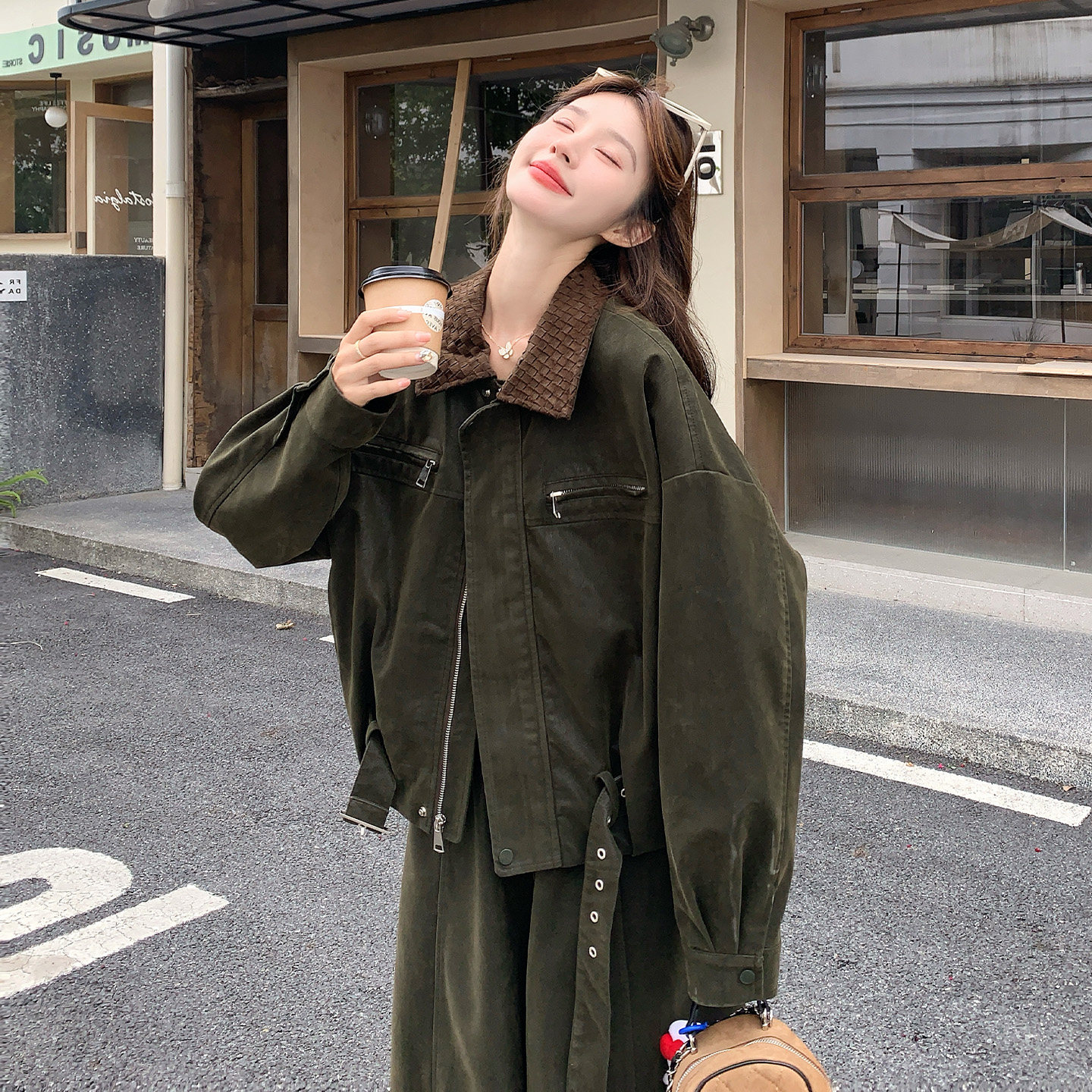 苔藓绿工装风套装女秋季复古