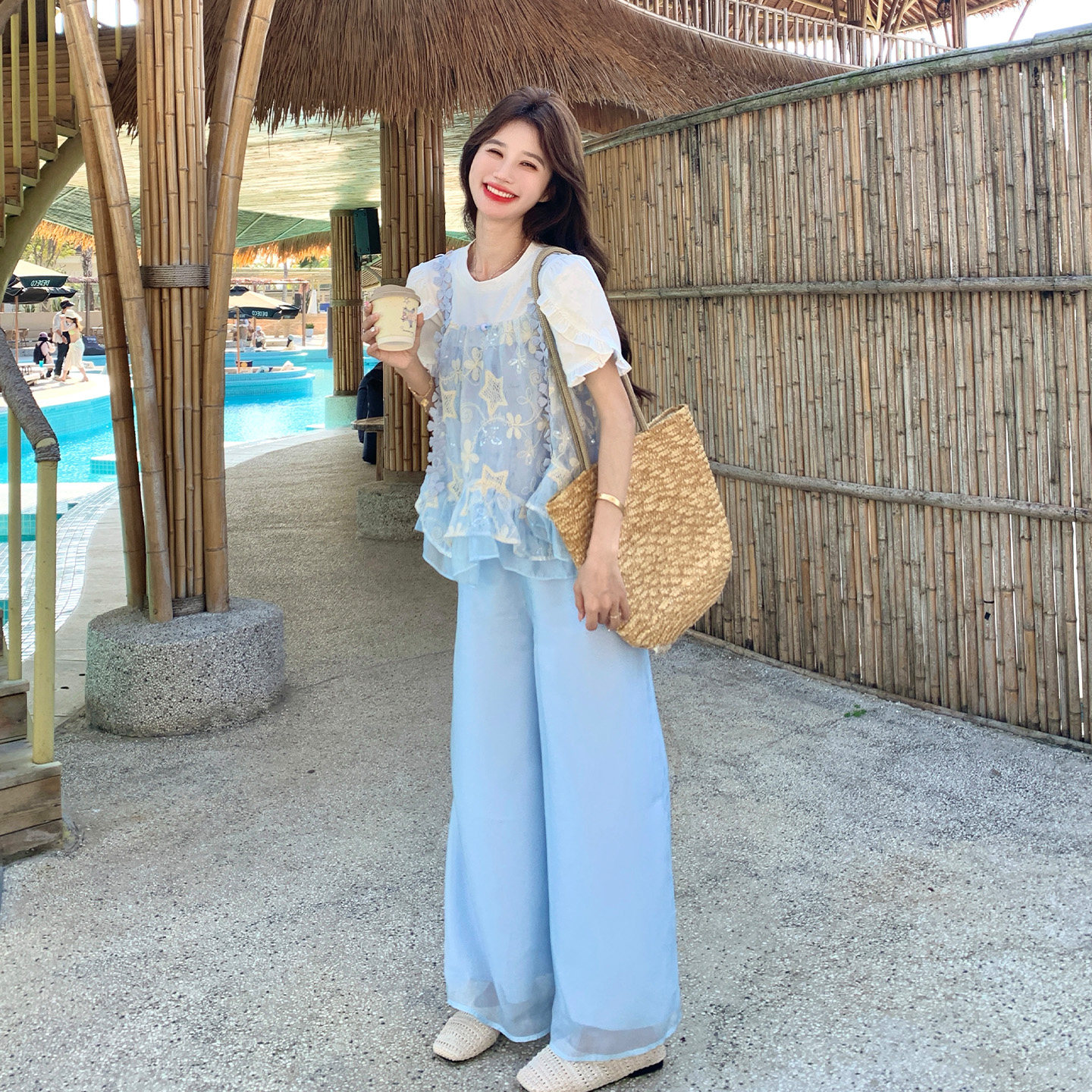 初夏法式甜美少女风套装2026年新款荷叶边假两件上衣阔腿裤两件套