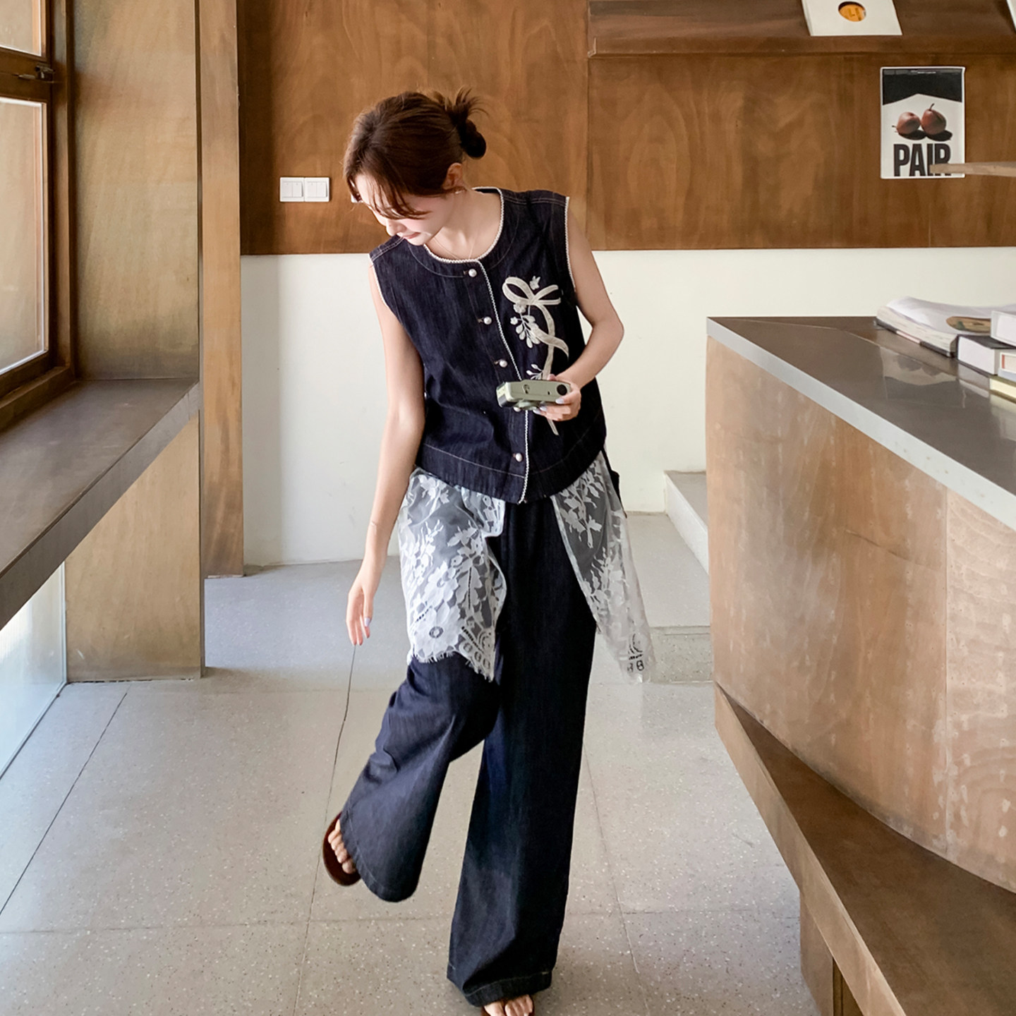 牛仔马甲阔腿裤两件套女夏显瘦
