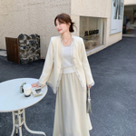 米色简单大方气质套装女2026夏新款花边拼接外套高腰半身裙两件套