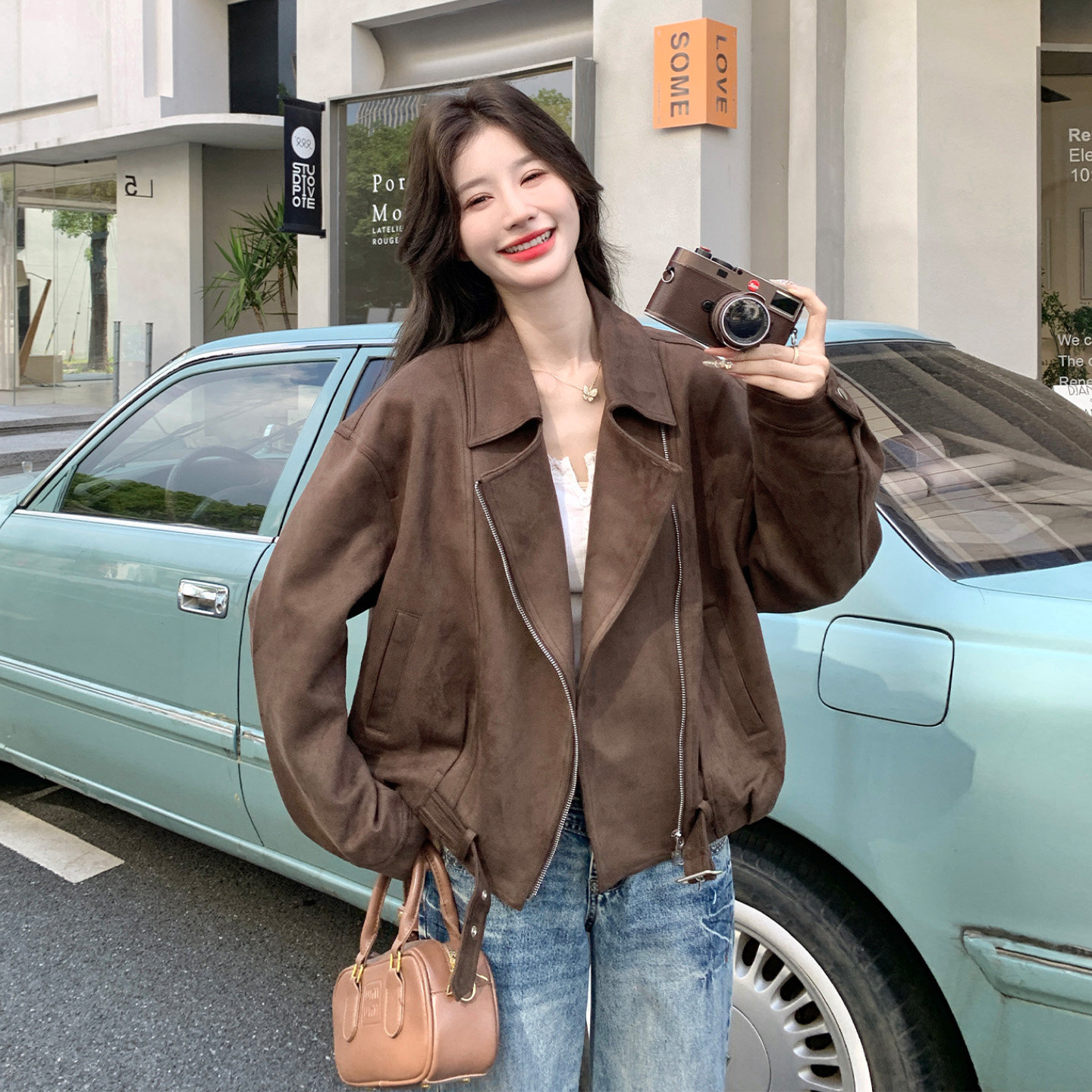 复古港风翻领短款棕色女夹克