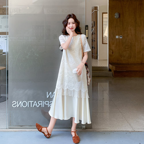 假两件蕾丝连衣裙女夏白色拼接