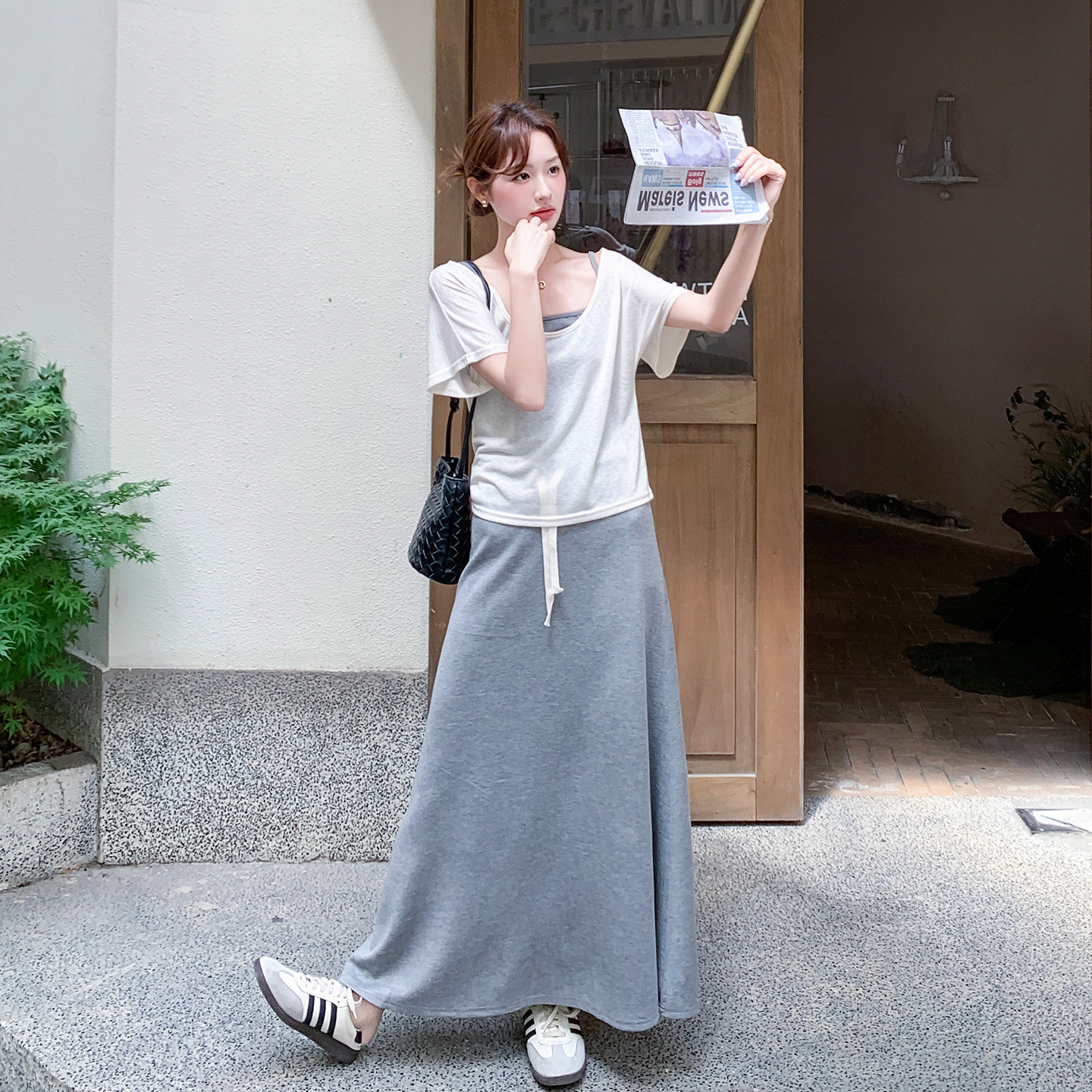 小个子短袖背心半身裙三件套女