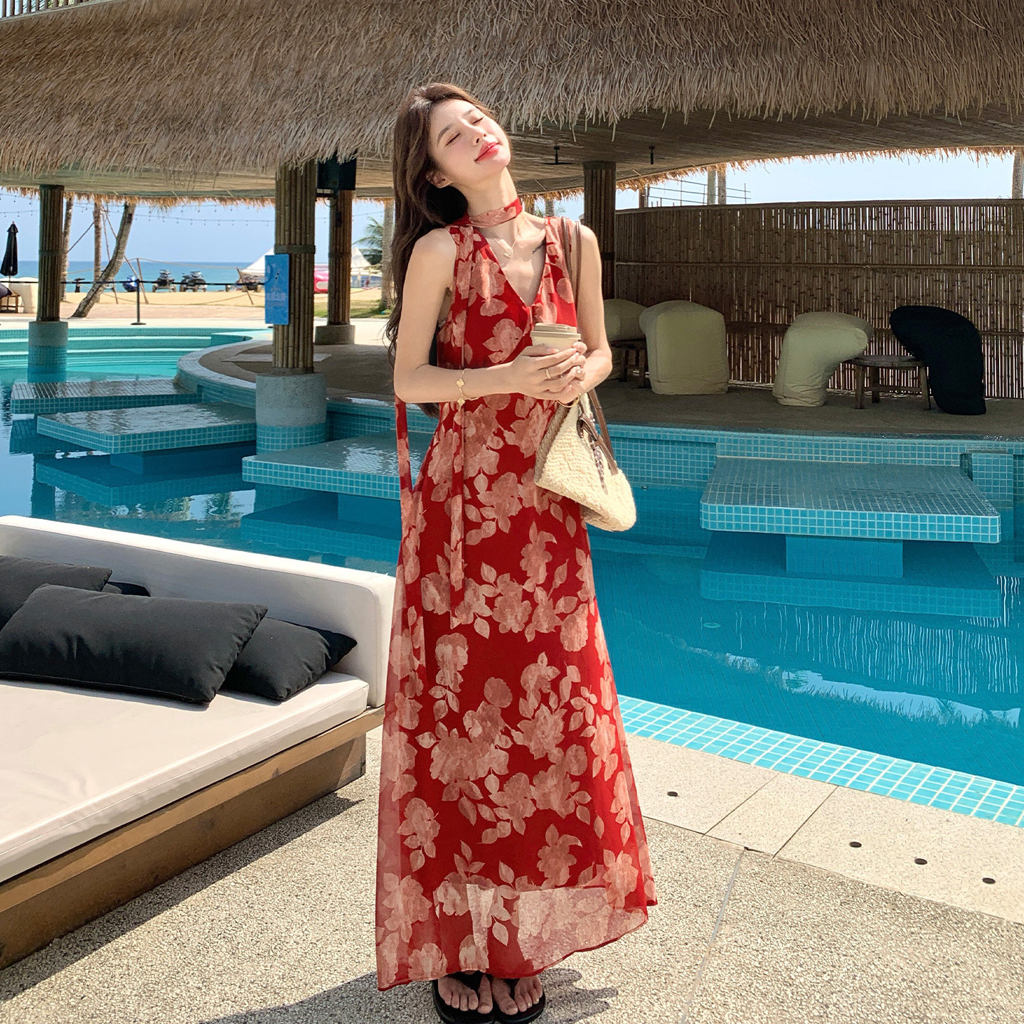 法式复古风红色印花无袖连衣裙女