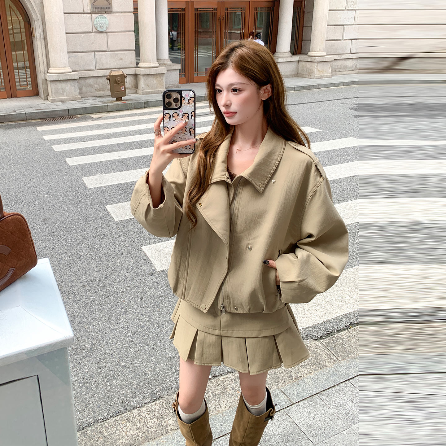 卡其色复古甜酷少女感穿搭秋小个子工装翻领外套百褶裙两件套2026