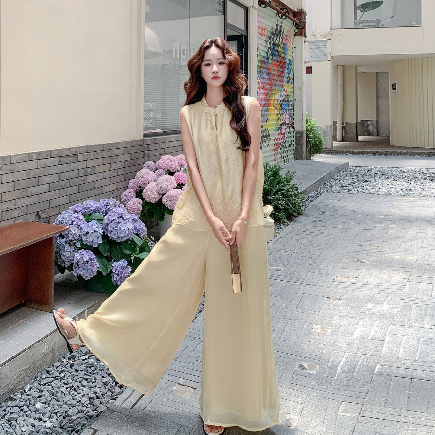 度假风无袖上衣阔腿裤套装女夏