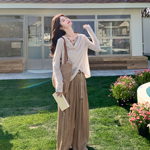 复古御姐风气质套装女士2026初夏新款荡领针织衫印花阔腿裤两件套