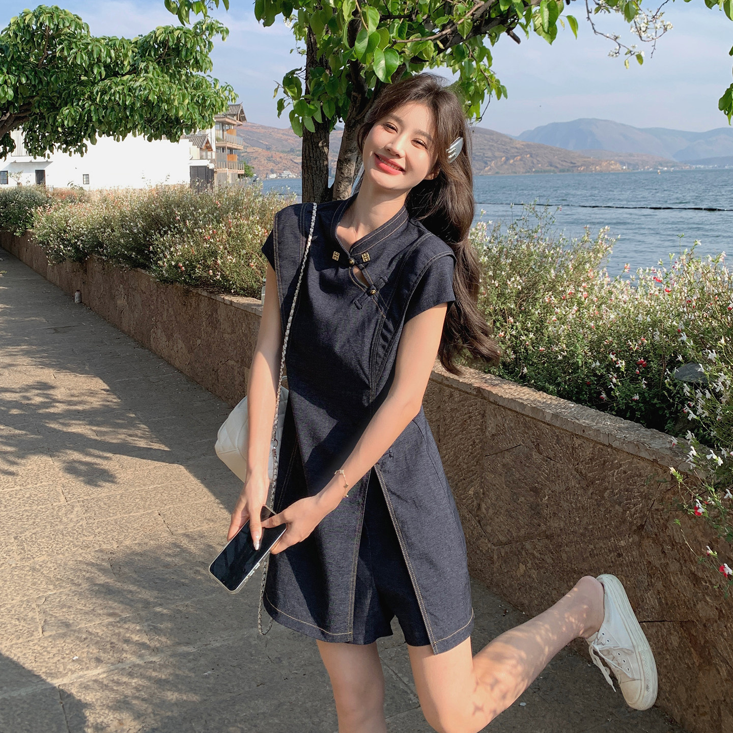 藏青色复古新中式牛仔套装女2026夏季新款改良旗袍上衣短裙两件套