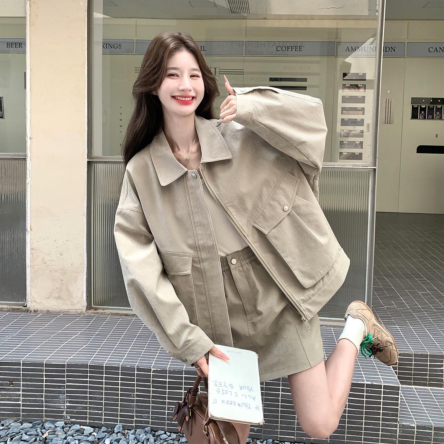 秋季工装翻领夹克短裙显瘦套装女