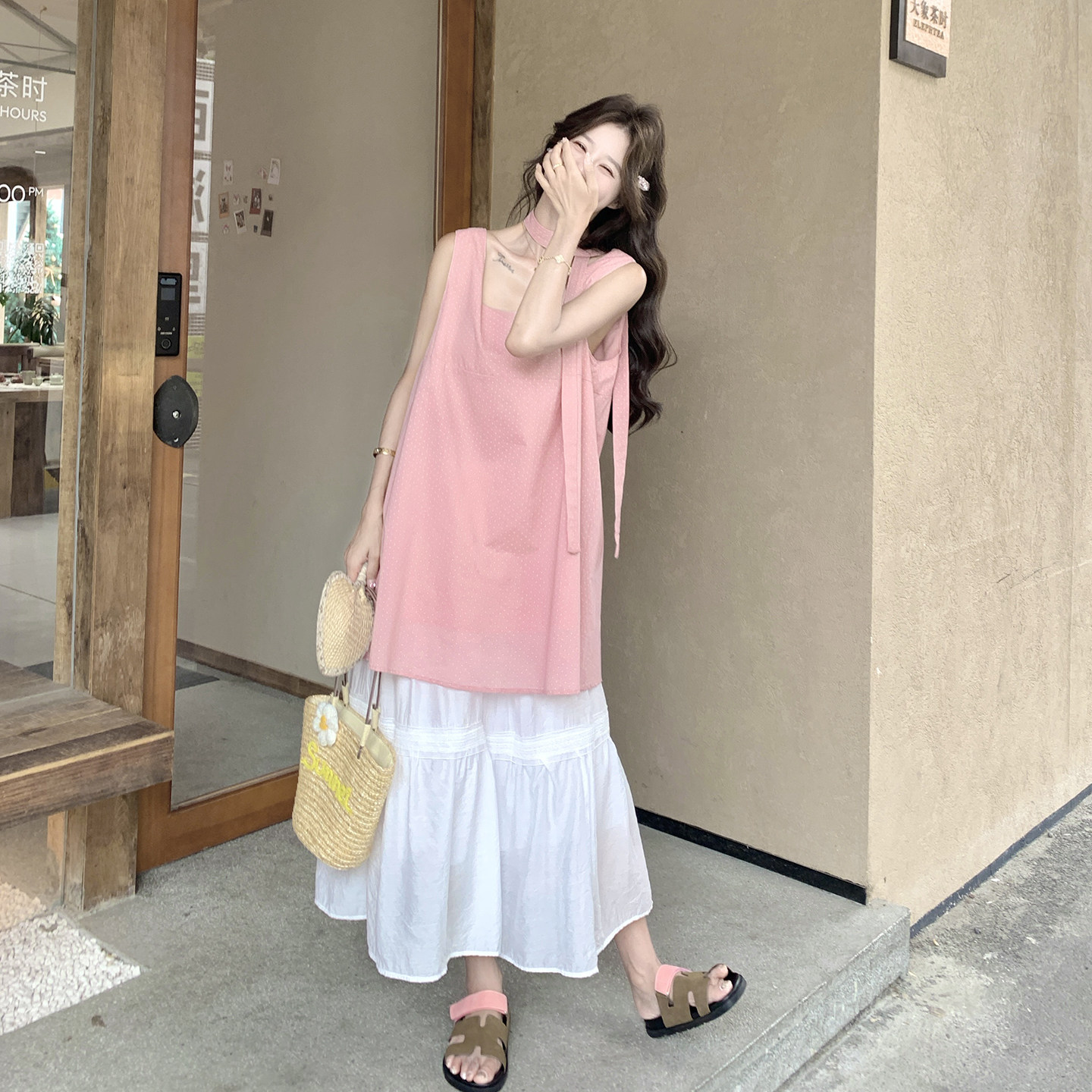 粉色温柔淑女风气质套装2026新款飘带无袖背心拼接半身裙两件套夏
