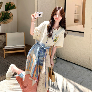 女2026新款 套装 印花上衣拼接半身裙两件套 波西米亚度假风时尚 夏季