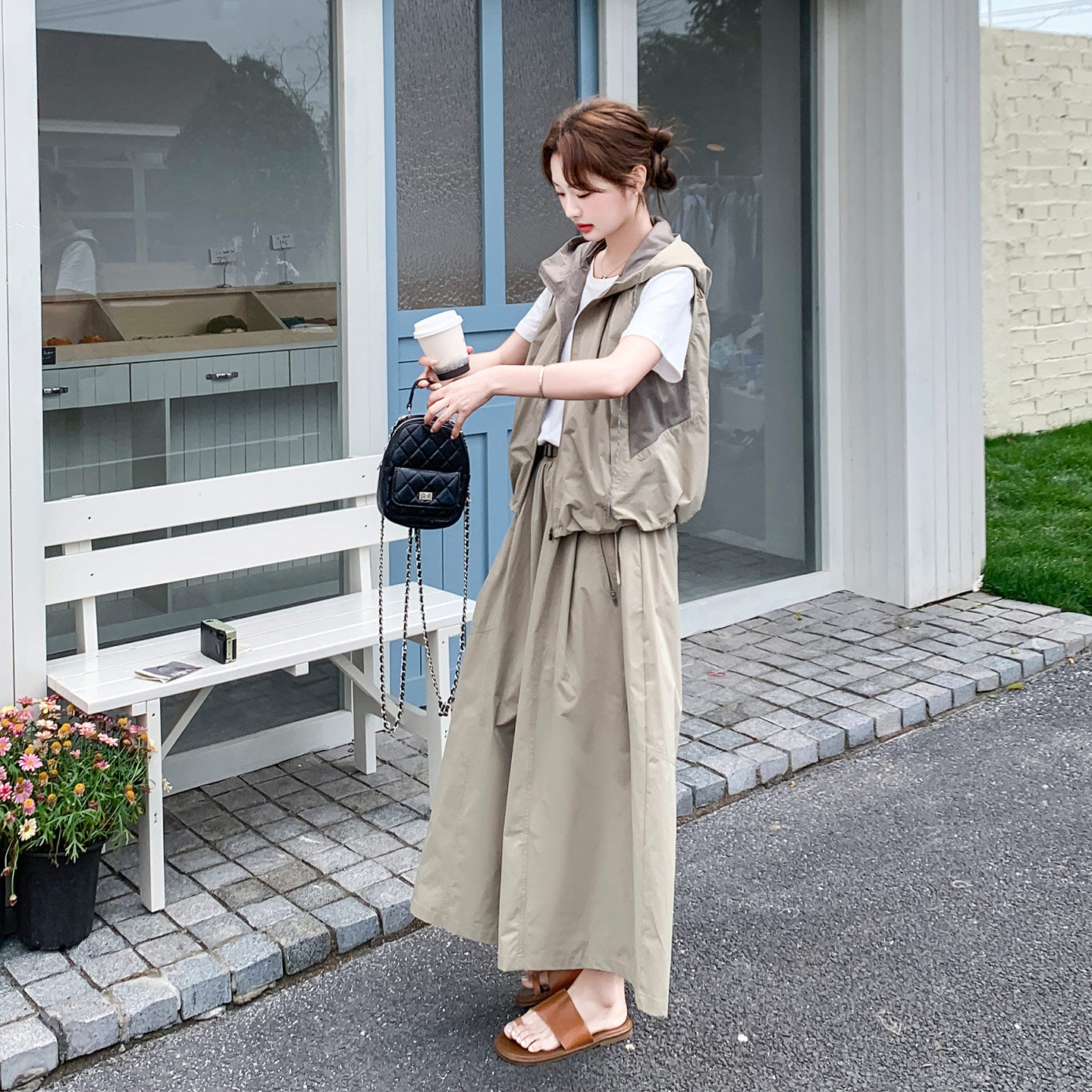 韩版休闲减龄工装风连帽马甲套装女夏日高腰阔腿裤两件套2026新款