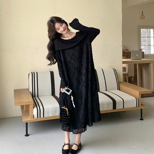 黑色法式轻熟高级感长袖连衣裙女2026早春新款时尚设计感A字长裙