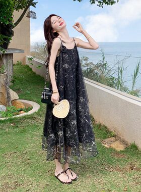 黑色性感御姐风网纱连衣裙女2026新款夏日法式浪漫风情扎染吊带裙