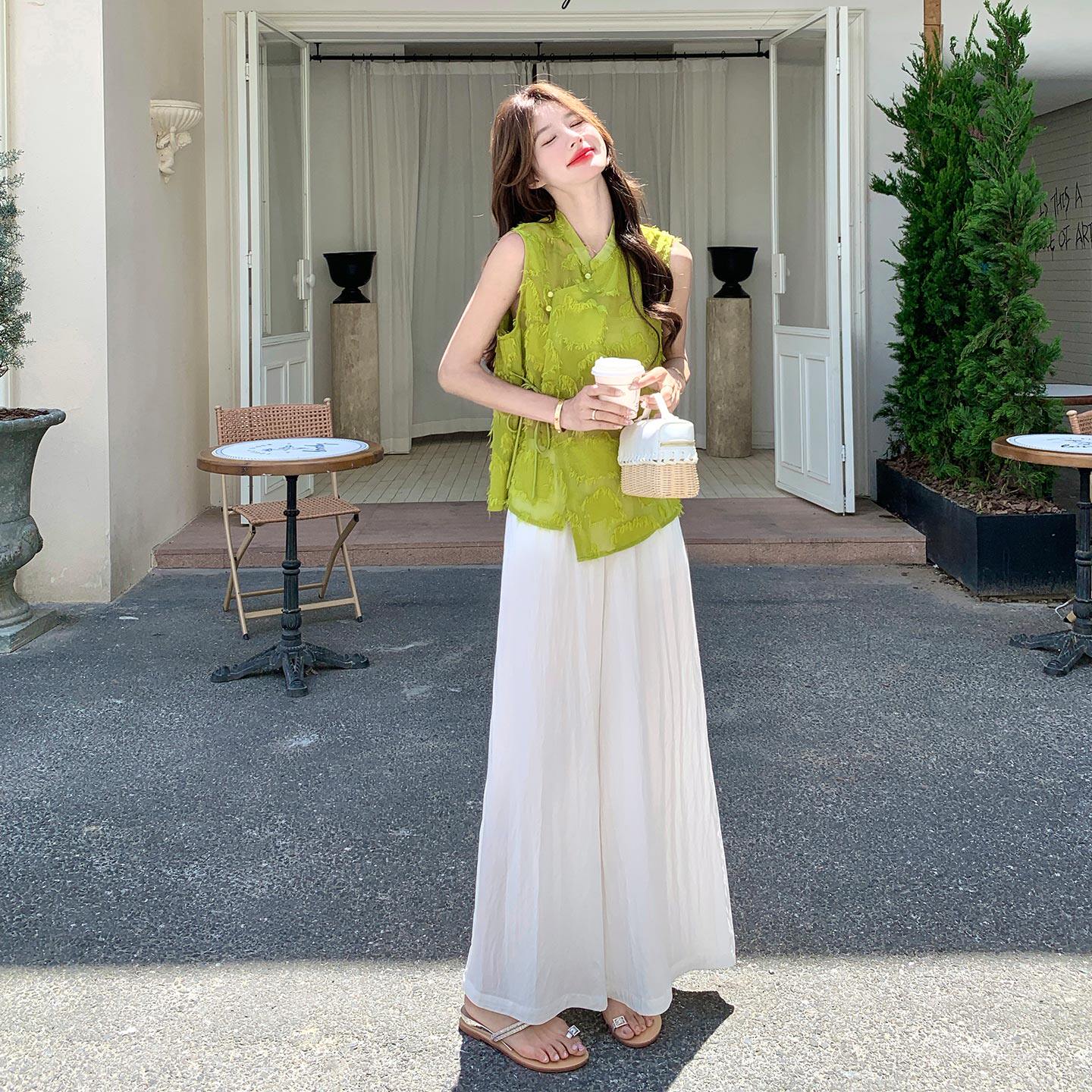 大方得体绝美国风套装女2026初夏新款不规则流苏背心阔腿裤两件套