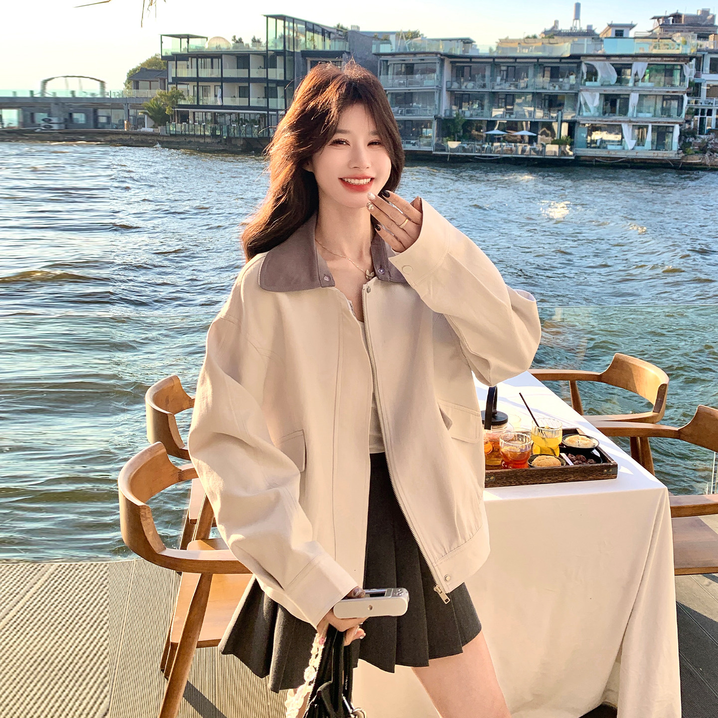 米白色韩系小个子休闲短外套女2026春新款小个子洋气百搭翻领夹克