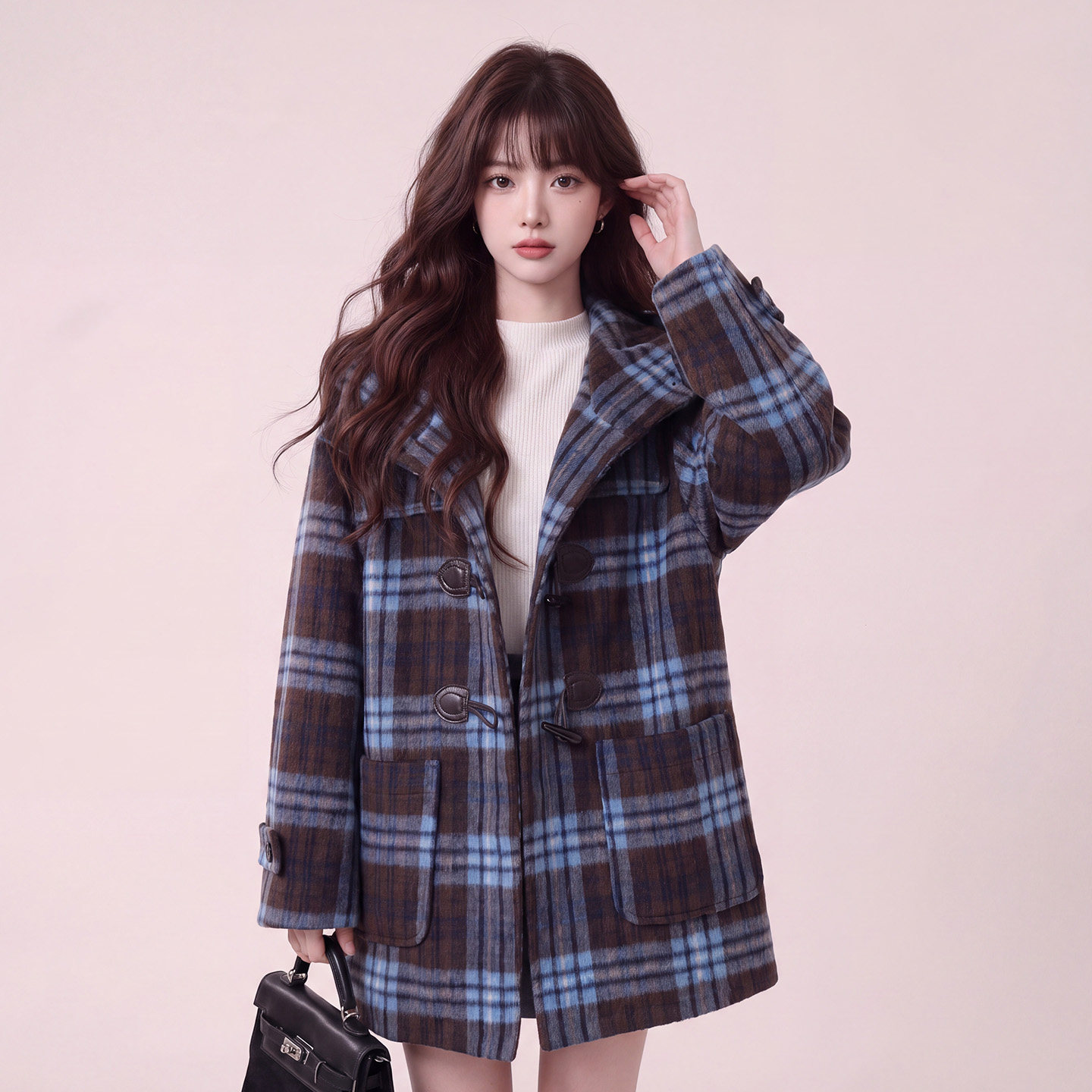 复古格纹牛角扣毛呢大衣女