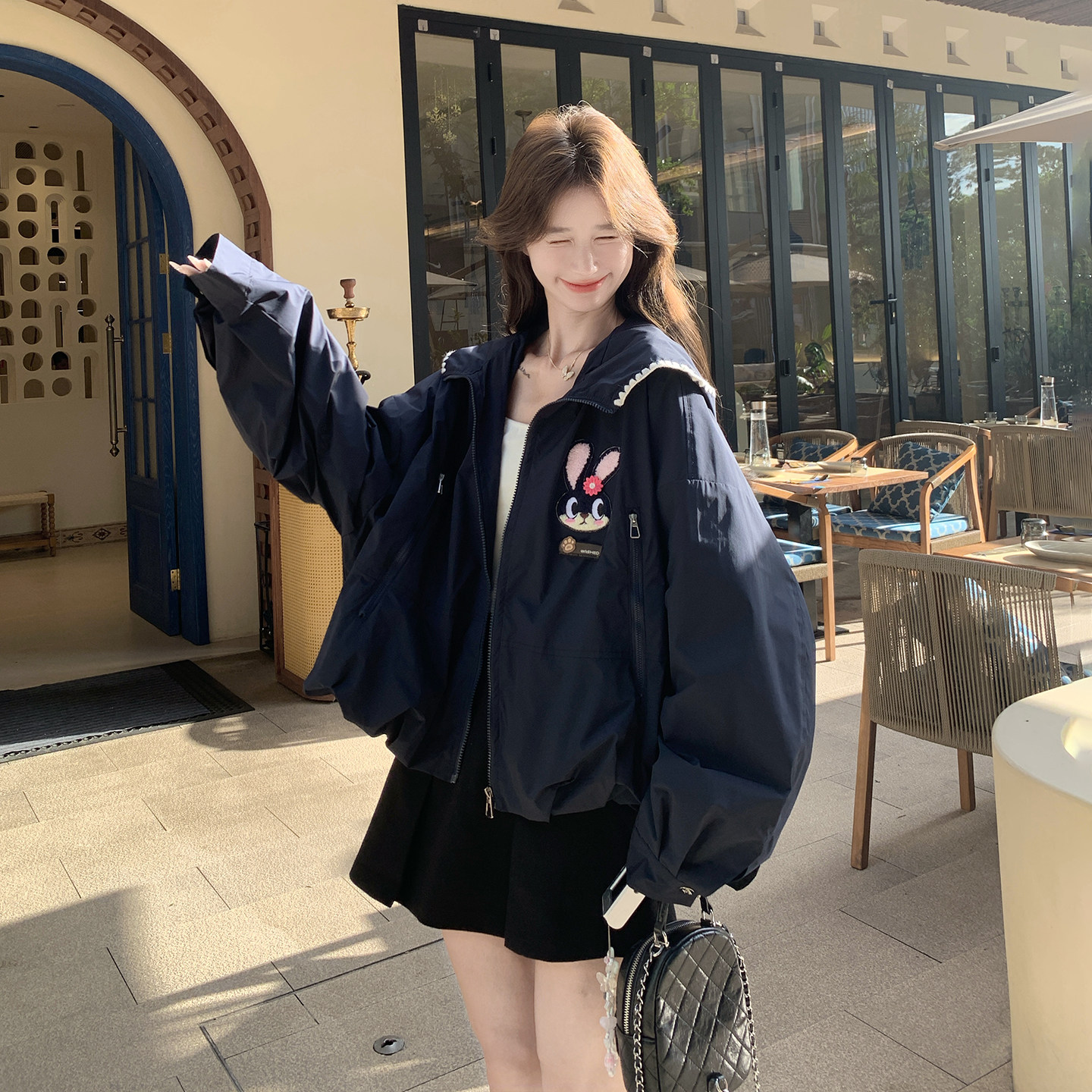 藏青色休闲减龄学院风外套女2026新款小个子甜美风兔耳朵连帽外套