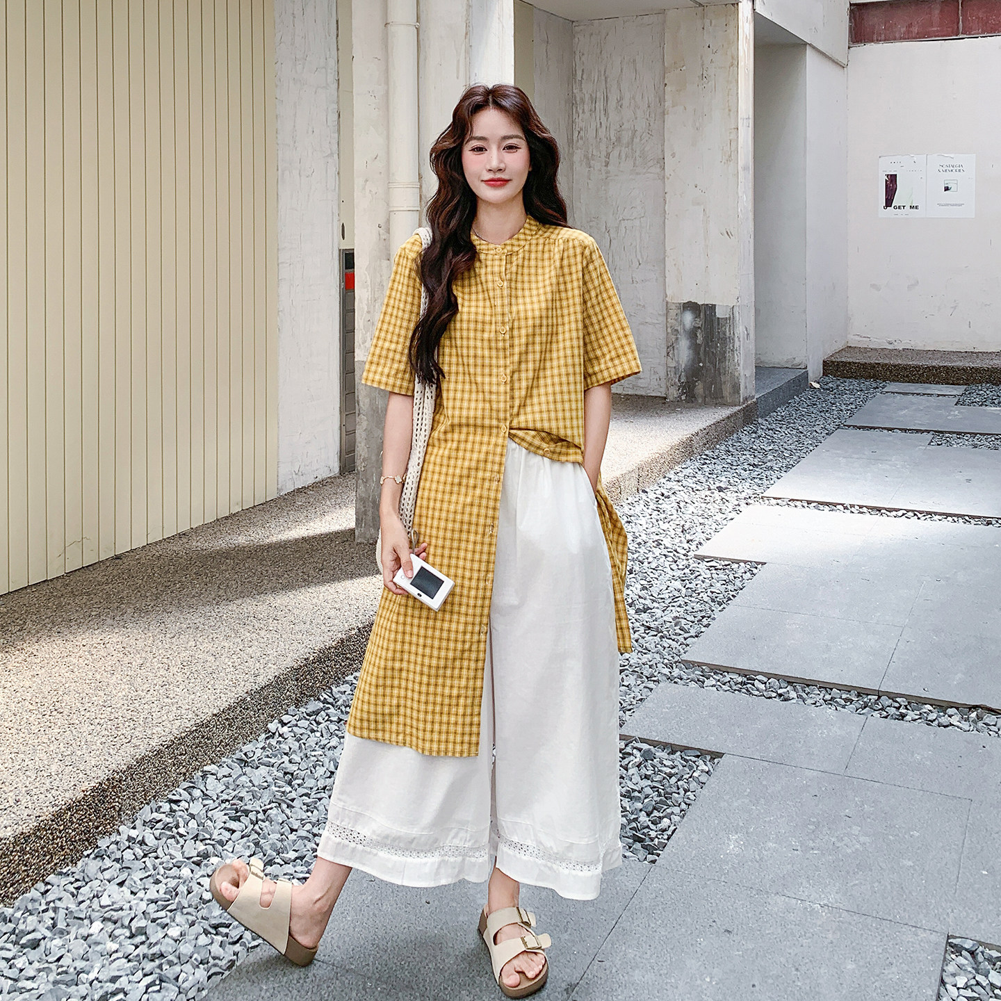 黄色休闲减龄韩式文艺风套装女2026新款格纹衬衫阔腿裤两件套夏日
