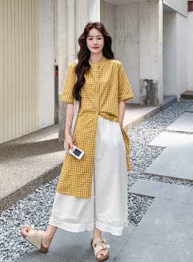 黄色休闲减龄韩式文艺风套装女2026新款格纹衬衫阔腿裤两件套夏日