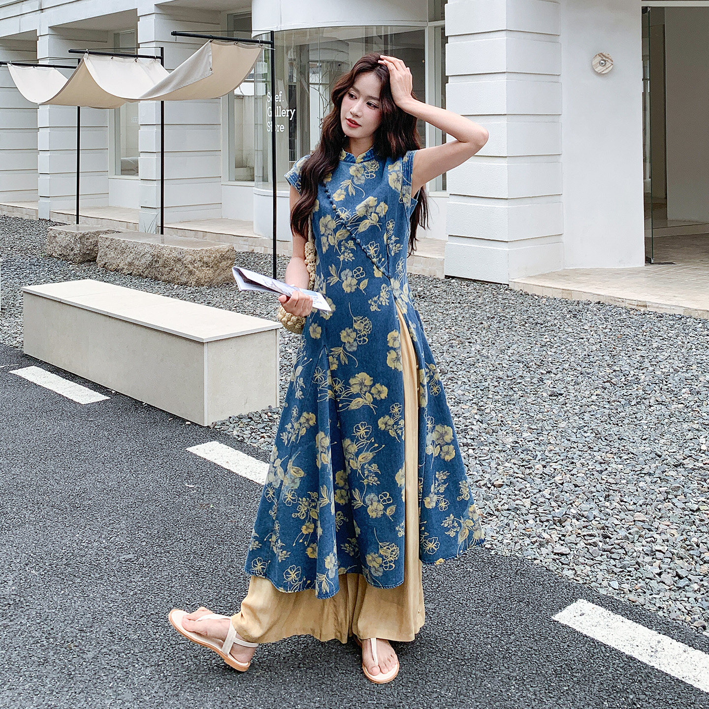 独特新中式印花牛仔改良旗袍套装女2026夏天新款气质阔腿裤两件套