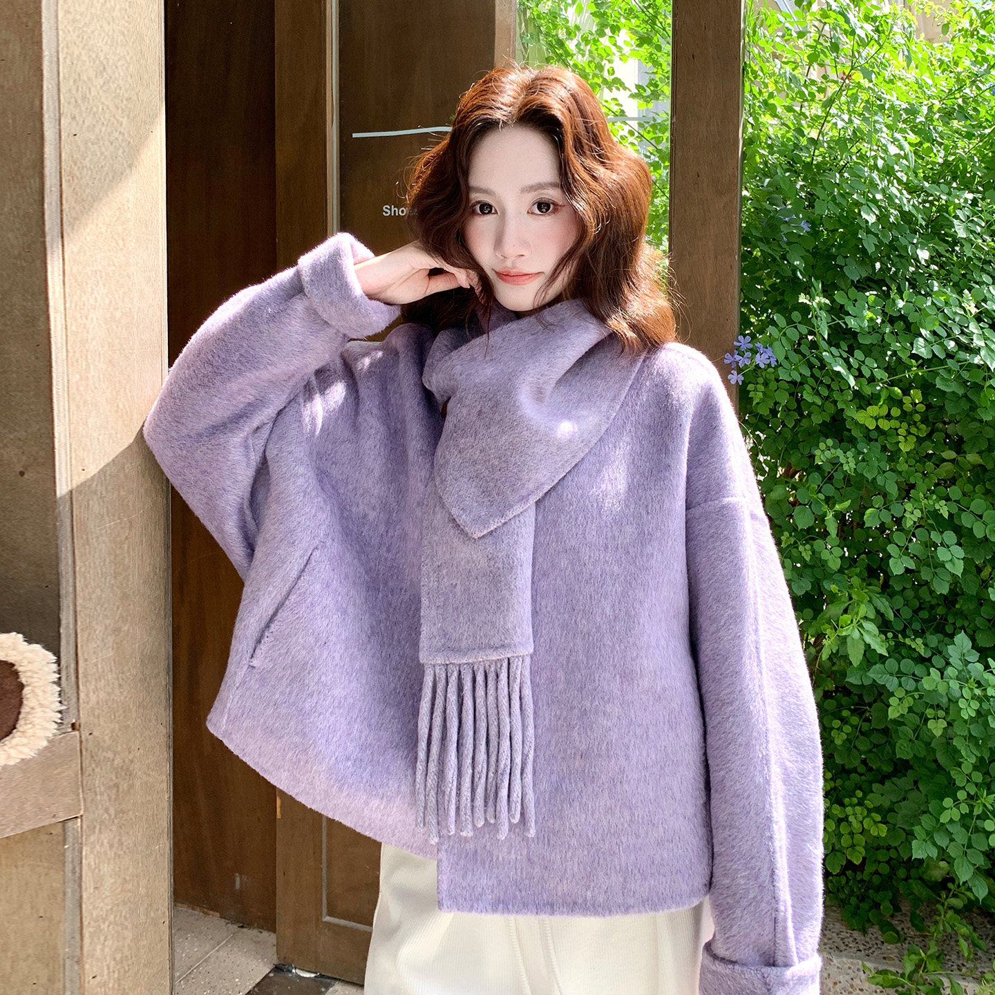 法式温柔风围脖毛呢外套女