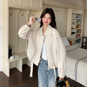 米白色简约高级感PU皮衣外套女小个子穿搭2026春新款 宽松显瘦夹克