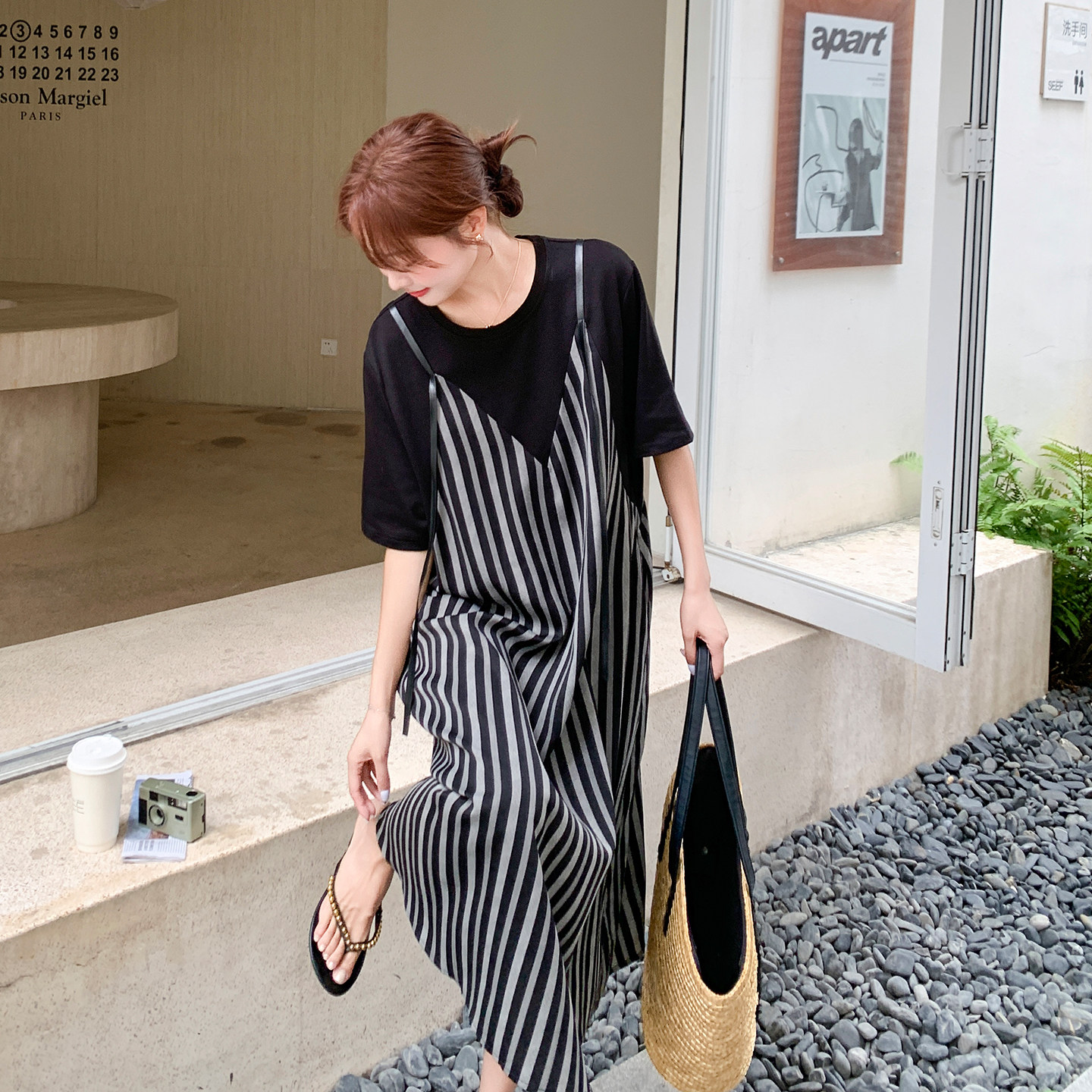 夏季条纹吊带连衣裙两件套叠穿