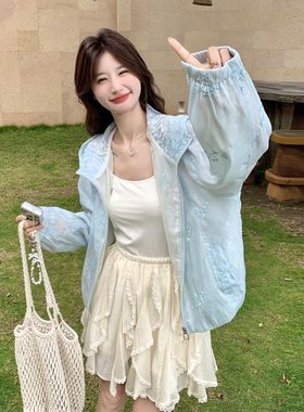 蓝色韩式甜美小清新刺绣外套2026新款夏日百搭轻薄款提花连帽上衣
