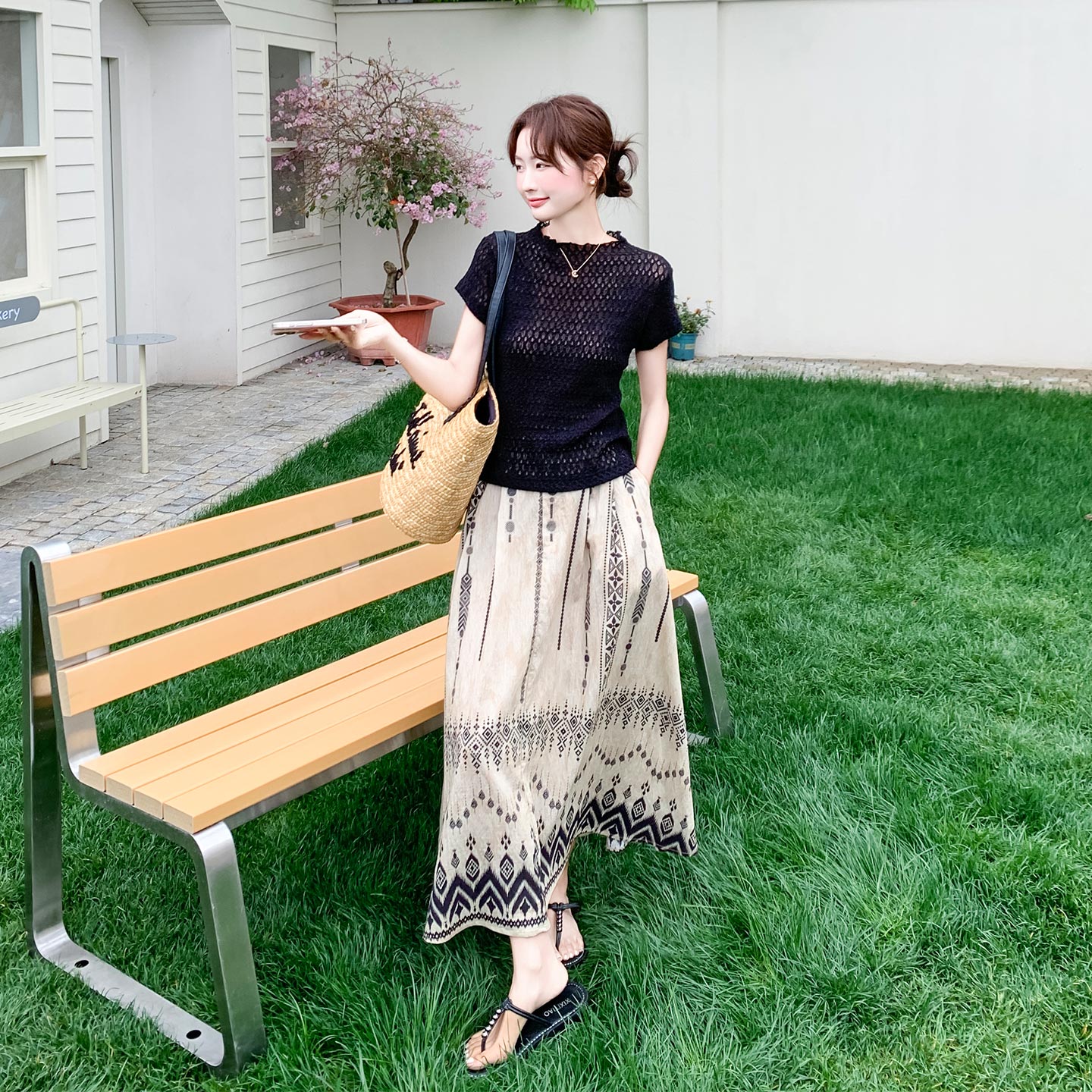 夏日甜辣御姐系穿搭女2026新款镂空短袖上衣印花高腰半身裙两件套