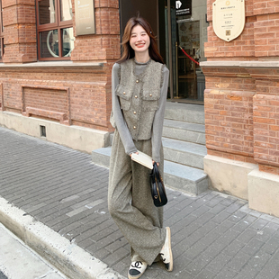 法式气质高端烫钻小香风马甲套装女2026春新款内搭阔腿裤三件套