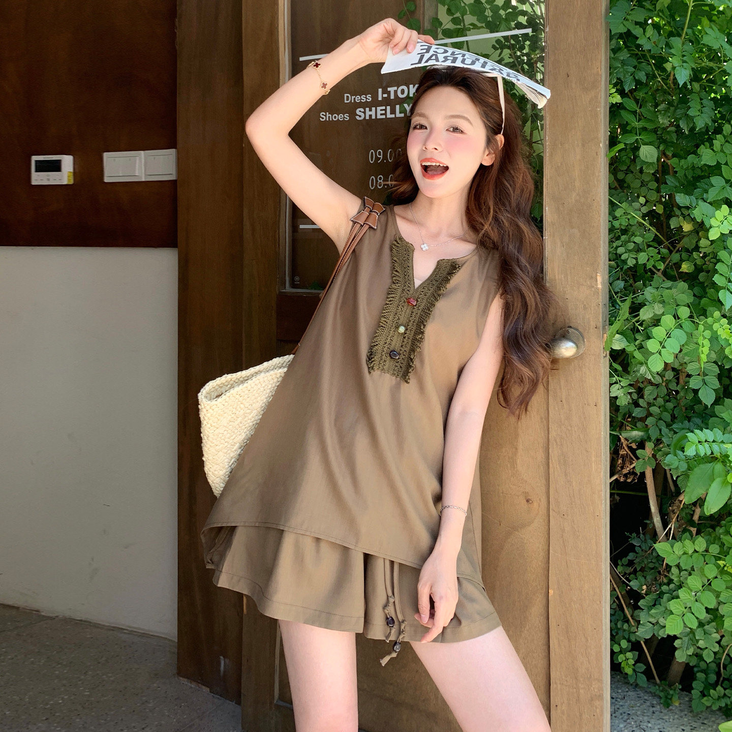 法式咖色流苏背心套装女夏无袖